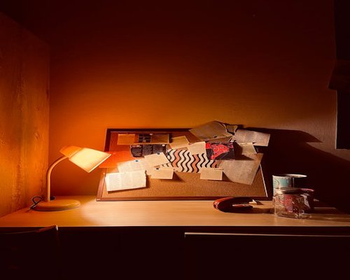 Detail of a desk lamp shedding warm light on study notes